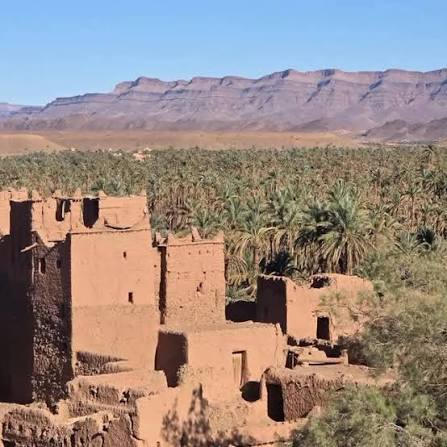 Traditional kasbahs and palm groves around the oasis town of Agdz in southern Morocco